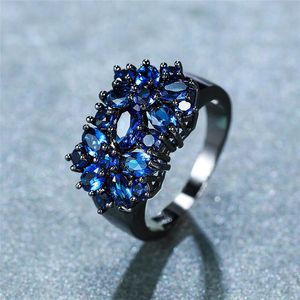Obrączki ślubne niebieski owalny cyrkon pełny kamienny kwiat gwiazdy dla kobiet biżuteria vintage moda czarna złote zaręczyny Pierścień Pierścień