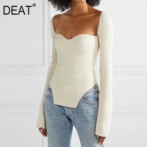 DEAT winter and summer fashion women clothes cashmere sqaure collar full sleeves elastic high waist sexy pullover WK080 210812
