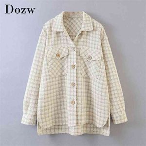 Fashion Plaid Tweed Shirt Jacket Women Vintage Long Sleeve Pockets Outerwear Tops Loose Irregular Hem Jakcet Coat 210515