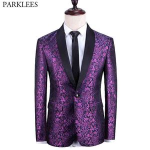 Mens Luxury Purple Floral Tuxedo Suitjacka One Knapp Sjal Lapel Paisley Jacquard Dress Blazers för middagsfest Bröllop Prom 210522