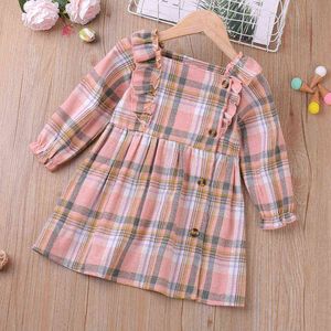 Spring Autumn Long Sleeve Plaid Dress Frill Decoration Children Dress For New Year 2022 Party Dresses G1215