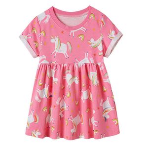 Atlama Metre Yaz Prenses Çocuk Kız Pamuk Elbiseler Hayvanlar Baskı Sevimli Bebek Unicorn Kostüm Toddler Elbise 210529