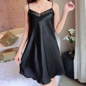 Женщины Sexy Deep V Nightdress кружева Питание белье Silk Satin Nightie Nightgown Без рукавов Ночная одежда Домашнее платье #D