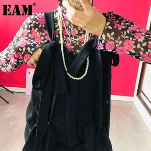 [EAM] Women Black Mesh Floral Slim Blouse Turtleneck Long Sleeve Loose Fit Shirt Fashion Spring Autumn 1DD6779 210512