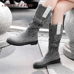 Meotina outono joelho alto botas bootas boots plissado liso longo botas moda deslizamento em sapatos dedo do pé redondo inverno feminino mais tamanho 34-43 210608