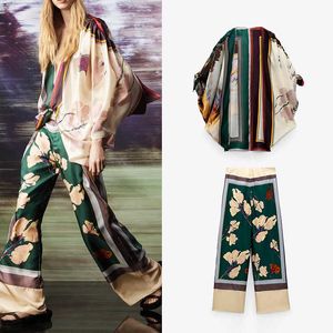 ZA Silk Kimono Style Suit Print Shirt + Pants 2pcs Soft Thin Loose Top V-Neck High Waist Elegant Streetwear 210930