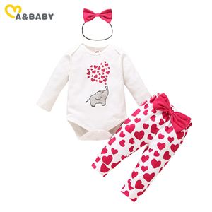 0-18M Herbst Frühling geboren Säugling Baby Mädchen Kleidung Set Herz Elefanten Print Strampler Bogen Hosen Valentinstag Outfits 210515