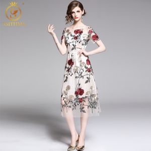 Women's Fashion Slim Vintage Sexy Summer Dress Vestidos Short Sleeve Casual Office Mesh Embroidery Flower Party Dresses 210520