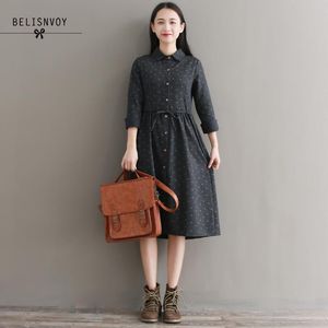 Robe Femme Autumn Winter Vintage Dress Long Sleeve Printed Elegant Turn-down Collar Mori Girl Cotton Dresses Vestidos 210520