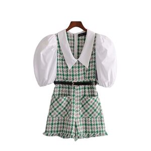 Zarif Kadın Tüvit Tulum Moda Bayanlar Yeşil Ekose Streetwear Kadın Tatlı Cep Tulum Kızlar Chic Romper 210427