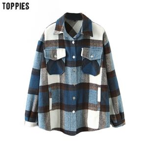 Toppies Vintage Blau Plaid Lange Mantel Jacke Tasche Casual Warm Mantel Mode Outwear Herbst Frauen Tops 210914