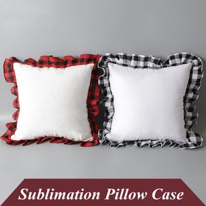 Christmas Favor Sublimation Blanks Pillow Case 45*45cm Square Cushion Cover with Red Black White Grid DIY Thermal Heat Transfer Printing Woven Polyester Pillowcase