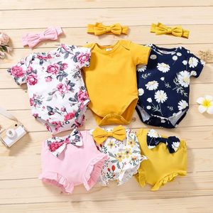 Set di abbigliamento per bambina Pagliaccetto stampato a fiori Tuta a tre pezzi Tuta + Pantaloni + Fascia per capelli Manica corta per neonato Tute per bambini Abbigliamento per bambini BT6614