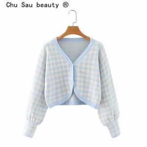 Moda Autunno Casual Chic Blu Plaid Cardigan lavorato a maglia Top Donna Autunno Puff Sleeve Cardigan Maglione femminile Maglioni corti 210508