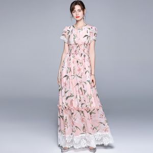 Summer Runway Floral Patchwork Lace Chiffon Pink Maxi Dress Women Short Sleeve Elegant Lilies Printed Beach Boho Sundresss 210514