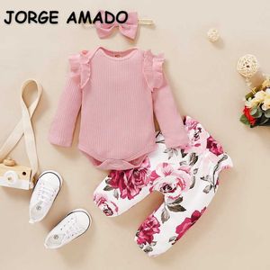 Großhandel Frühling Baumwolle Baby Mädchen Outfit Waffel Langarm Overall + Blumen Hosen Haarband 3-teilige Sets E6064 210610