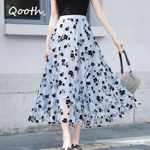 Qooth Velvet Mesh Skirt Spring Summer Romantic Flowers Large Swing Skirt High Waist Slim Fairy All-Match Fashion Skirt QT536 210518