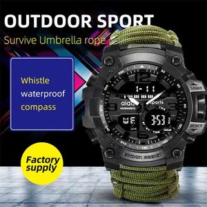 Adies Assistir Militar com Bússola Homens Tendão Água WaterWatch Stopwatch Despertador Despertador Digital Pulso Relógio Montre Homme 210329