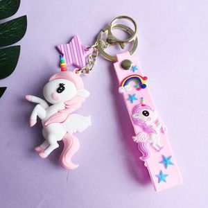 Fashion-Creativity Rainbow Unicorn Gummi Key Ring Doll Pendant Söt Pojkar och Tjejer Ryggsäck Liten Hänge Present