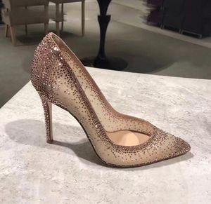 Kleidschuhe Carole Levy 2021 Bling Kristall Hochzeit Mesh Strass Patchwork Pumps Champagner Schwarz Silber Glitzer Heels