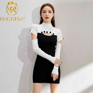 Turtleneck Botão Hollow Sexy Patchwork Branco Black Black Slim Elegante Alto Cintura Estiramento Mini Dress Mulheres Bodycon Vintage Party 210506