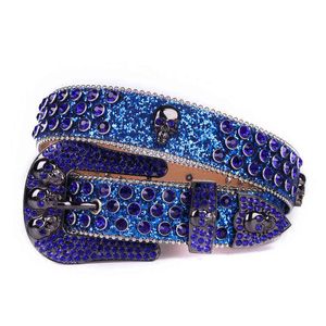 Blue Skull Rhinestone Belt Western Cowboy Sparkle Men PU Läder Bälte Berömd Märke Designer Diamond Studded Belt för Kvinnor Cinto AA220312