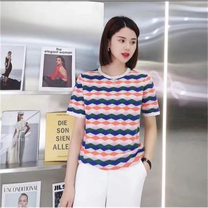 Mode Kvinnors Tröja Rund Neck Gentle Wind Rainbow Kontrast Rhombus Kortärmad Is Silk T-shirt 210520