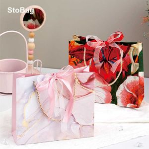 STOBAG 5PCS / LOT PROTODOWY Prezent Papier Paper Pudełko Wedding Birthday Baby Shower Decoration Malarstwo olejne styl z wstążką specjalnie 210602