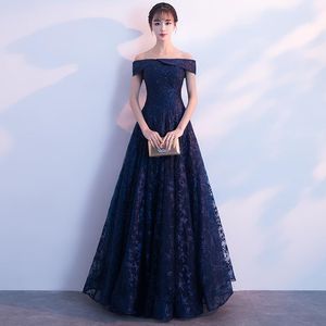 Ethnic Clothing Slash Neck Bling Sequins Cheongsam Lace Long Qipao Bandage Celebrity Banquet Dresses Gown Navy Blue Backless Sexy Vesyidos