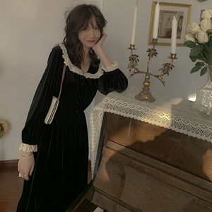 Wiosna Lolita Styl Kobiety Długa Sukienka Słodkie Czarne Peter Pan Collar Cosplay Koronki Aksamit Pełny Rękaw Dadies ES 210521