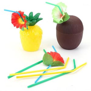 Wine Glasses 12Pcs/Lot Pineapple Coconut Cups Fruit Shape Juice Party Drinking With Flower Straws For Hawaiian Luau Summer Beach
