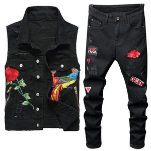 2021 Lente Zwarte Trainingspakken Heren Rose Borduurwerk Gat Jeans Twee Stuks Sets Turn Down Collar Phoenix Flower Denim Vest Ripped Broek