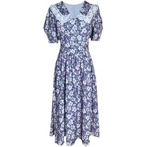 女性の花の花のプリントピーターパン襟のレースのパッチワーク半袖夏の職業のMidi Dress D2663 210514