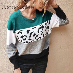 Vintage Leopard Print Patchwork Stickade Tröjor Eleganta Dam Stickning Pullover Harajuku Hit Färg Jumpers Höst Vinter Toppar 210619