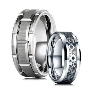 Eheringe Modern 8mm Silber Farbe Double Groove Edelstahl für Männer Vintage Punk Mechanica Gear Ring Inlay Carbon Fiber