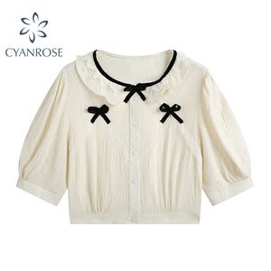 Blus Kvinnor Sommar Ruffle Draped Vintage Short Sleeve T-shirt Koreansk Preppy Style Lovely Sweet Crop Tops Ladies 210515