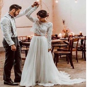 Sexy zweiteiliges Boho-Hochzeitskleid 2021, bauchfreies Top, Chiffon, Sommer, Strand, langärmelig, formelle Partykleider, bodenlang, böhmisches Land-Brautkleid, Vestio de Novias