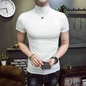 Yeni Trend Yüksek elastik sıkı uydurma erkek dibe gömlek, ince düz renk yüksek boyunlu rahat vahşi uzun kollu t-shirt S-2XL Y0322