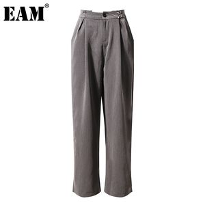 [Eam] cintura alta cinza fivela de metal decoração longa calças casuais soltas calças mulheres moda primavera outono 1dd6949 210512