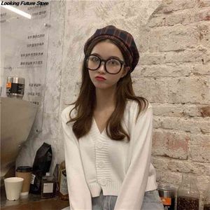 Knitted Crop Cardigan Women Korean Short Sweater Long sleeve V neck Green Blueexpose Waist Clothing 210922