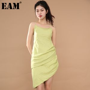 [Eam] 여성 녹색 불규칙한 Drawstring 스파게티 스트랩 드레스 민소매 느슨한 맞는 패션 봄 여름 WL942 21512