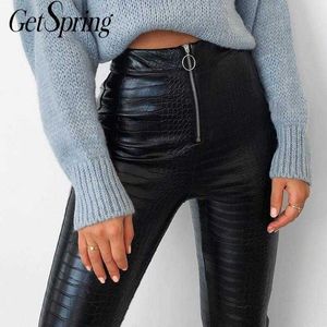 GetSpring Women Pants s PU High Waist Slim Bottoming Fashion Casual Zipper Leather Autumn 210601