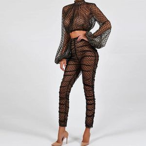 Black Mesh Spliced ​​Bandage Sexy Two Piece Set Top and Pants Suits Club Matching Outfits Fall Women Transparent Club 2piece sätter y0625