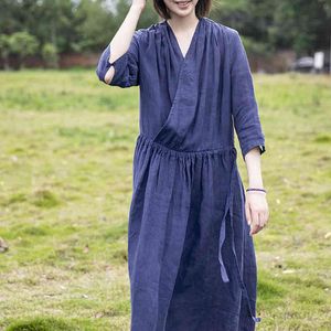 Johnature Women Chinese Style Dresses Bandage Navy Blue V-Neck Seven Sleeve Linne Robes Summer Loose Vintage Dress 210521