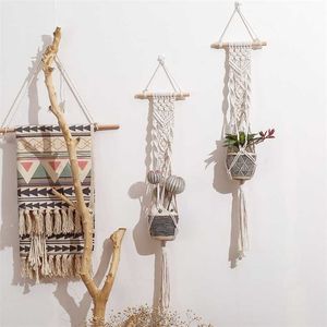 Macrame växthängare inomhus hängande planterkorg med träpärlor dekorativa blomma potthållare inga tofsar för utomhus H 211130