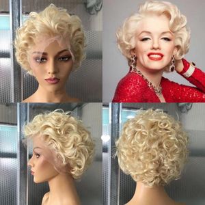 Koronkowe Peruki Krótkie Faliste Kolorowe Pixie Cut Wig Ludzkie Włosy T Część 613 Blondynka Frontal Luźne Kręcone Bob Remy Dla Czarnych Kobiet