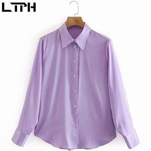 simple vintage blouses for women shirts OL temperament Single Breasted long sleeve purple thin chiffon Tops Autumn 210427