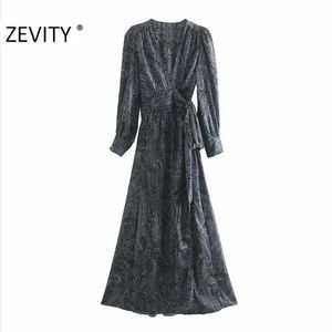 Zevity Kobiety Vintage Cross V Neck Totem Kwiat Print Bow Sashes Długa Sukienka Kobieta Z Długim Rękawem Kimono Vestido Chic Dresses DS4472 210603