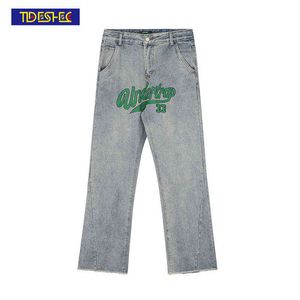 Tideshec Haftowane surowe krawędź Flare Jeans Mężczyźni / Kobiety Wysoka talia List Spodnie Streetwear Hip Hop Szerokie nogi Denim Flarowane spodnie 211120