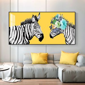 Çiçekler ile Sevimli Zebra Posterler ve Baskılar Soyut Boyama Tuval Duvar Sanatı Resimleri Oturma Odası Ev Dekor Için